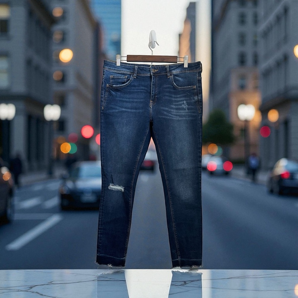 Zara Women’s Midi Rise Blue Cotton Skinny Stretch Denim Jeans Size 12